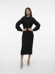 VERO MODA Black Waisted Long Sleeve Midi Knitted Jumper Dress - Image 1 of 5