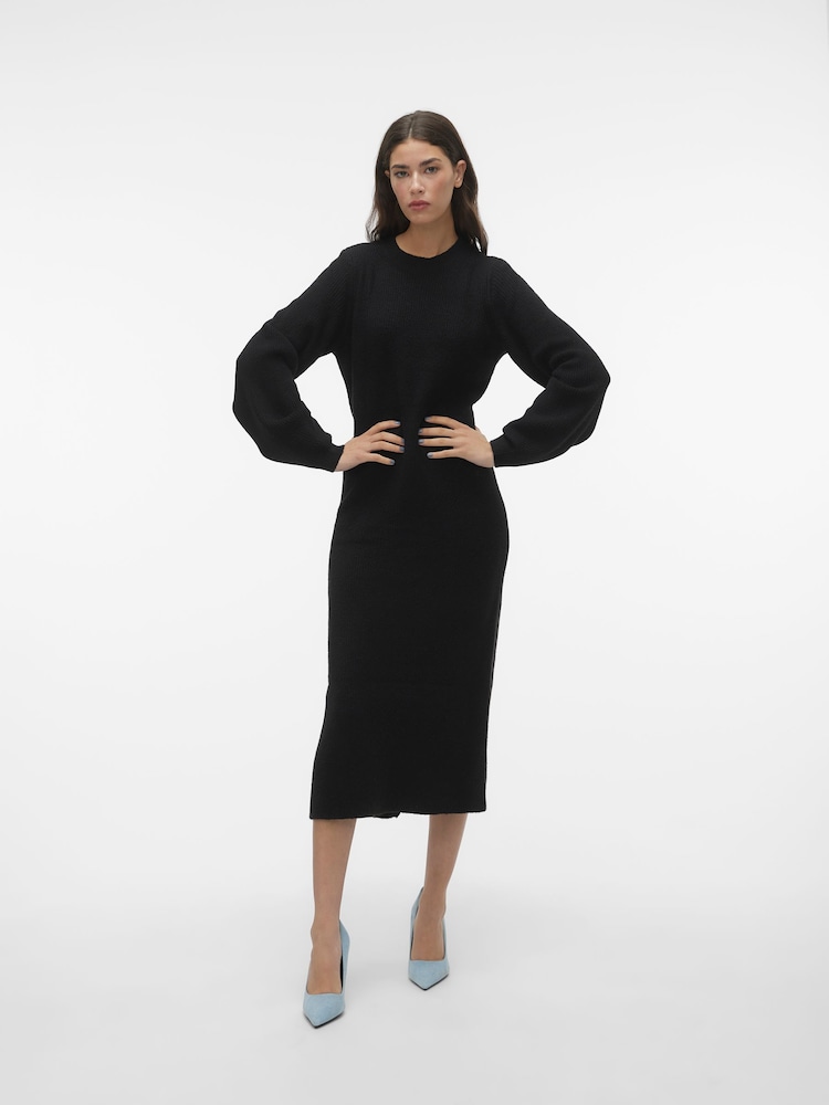 VERO MODA Black Waisted Long Sleeve Midi Knitted Jumper Dress - Image 1 of 5