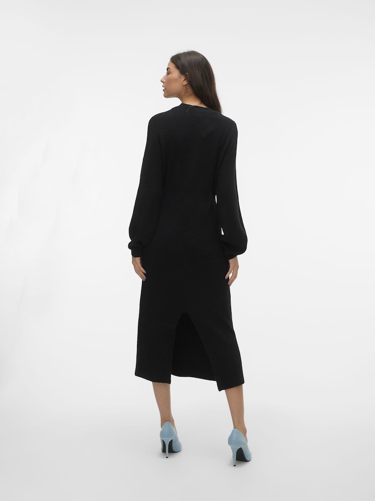 VERO MODA Black Waisted Long Sleeve Midi Knitted Jumper Dress - Image 2 of 5