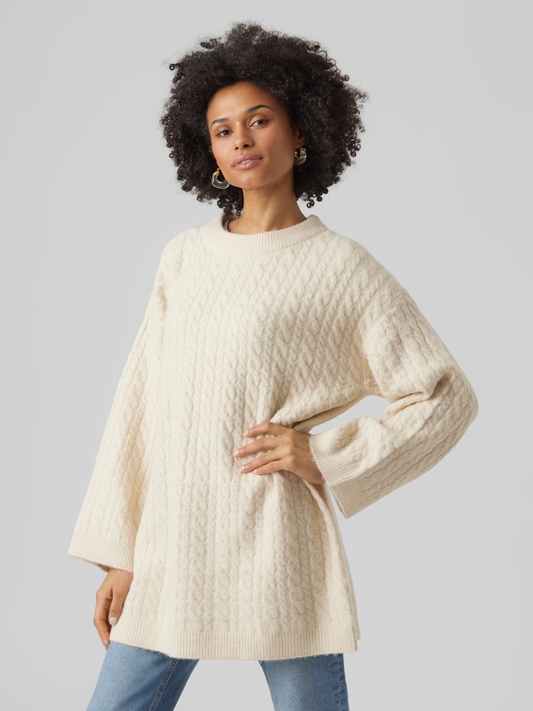 VERO MODA Cream Longline Cable Knit Cosy Tunic Jumper - Image 1 of 5 VERO MODA Cream Longline Cable Knit Cosy Tunic Jumper - Image 1 of 5