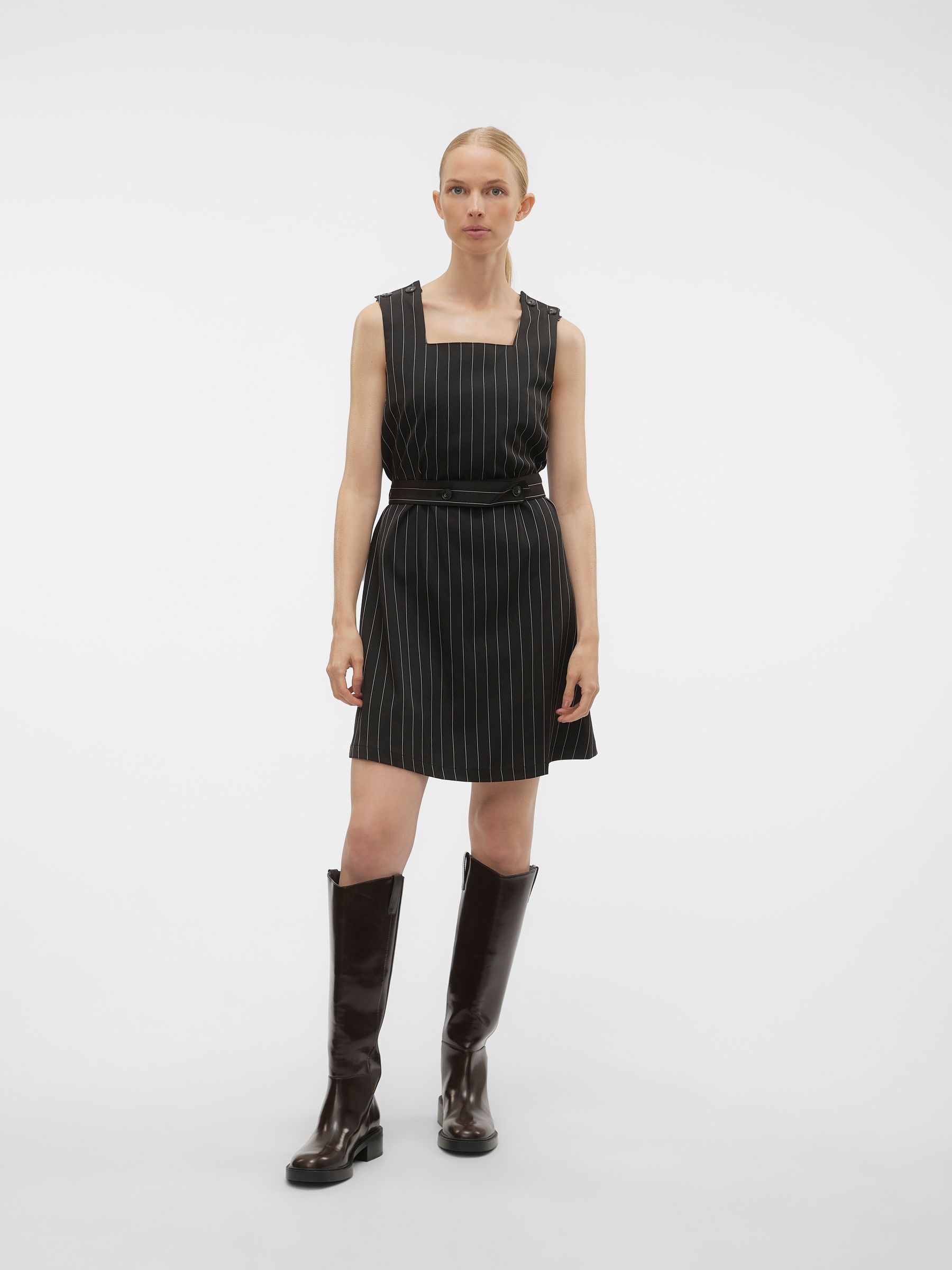 VERO MODA Black Pinstripe Pinafore Belted Tailored Mini Dress