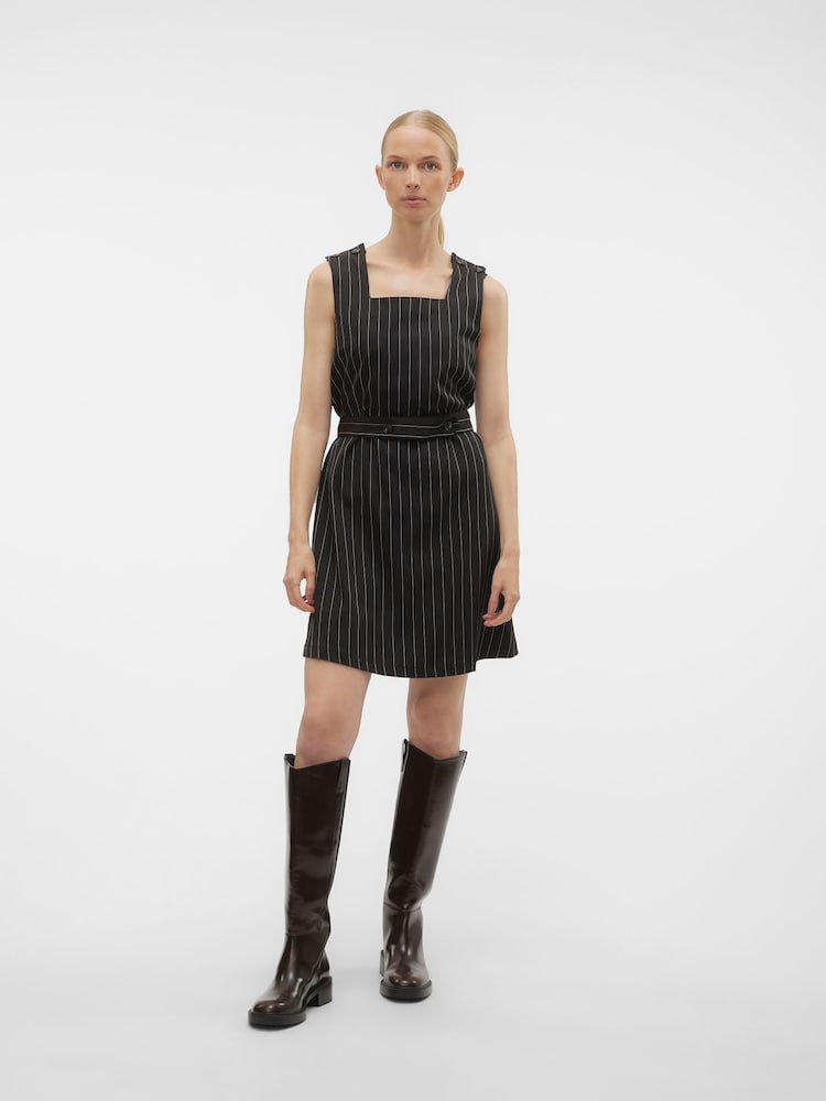 VERO MODA Black Pinstripe Pinafore Belted Tailored Mini Dress - Image 2 of 7