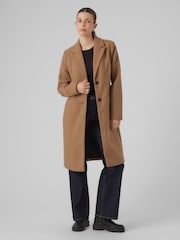 VERO MODA Brown Longline Button Up Smart Wool Coat - Image 1 of 5