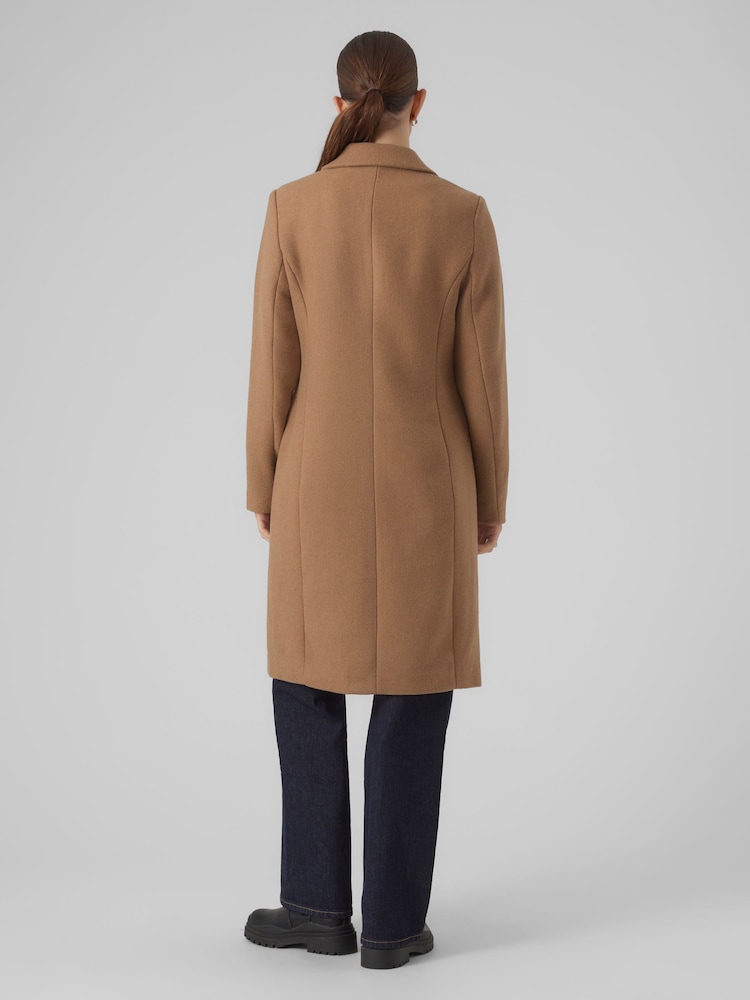 VERO MODA Brown Longline Button Up Smart Wool Coat - Image 2 of 5