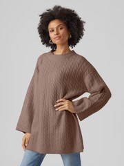 VERO MODA Brown Longline Cable Knit Cosy Tunic Jumper - Image 1 of 5