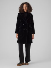 VERO MODA Black Longline Button Up Faux Fur Coat - Image 1 of 5