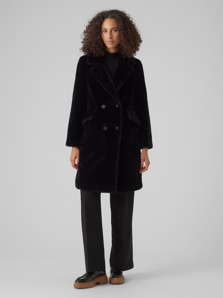 VERO MODA Black Longline Button Up Faux Fur Coat - Image 1 of 5 VERO MODA Black Longline Button Up Faux Fur Coat - Image 1 of 5