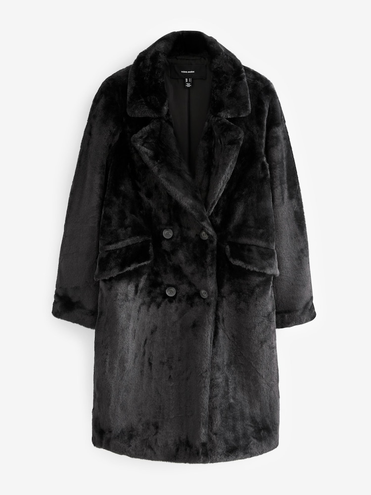 VERO MODA Black Longline Button Up Faux Fur Coat - Image 5 of 5