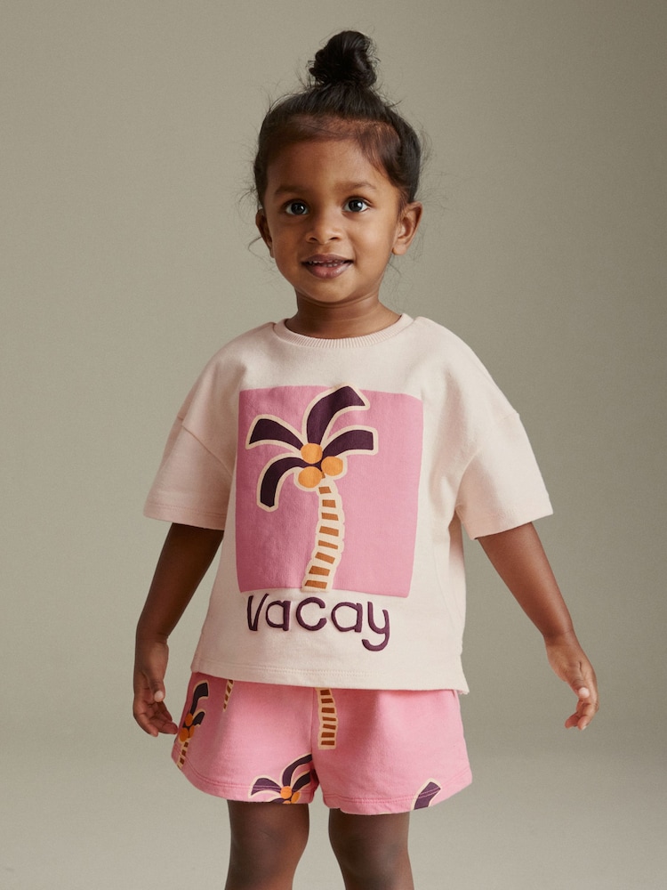 Pink Palm Tree 100% Cotton Short Sleeve T-Shirt and Shorts Set (3mths-7yrs) - Image 1 of 6