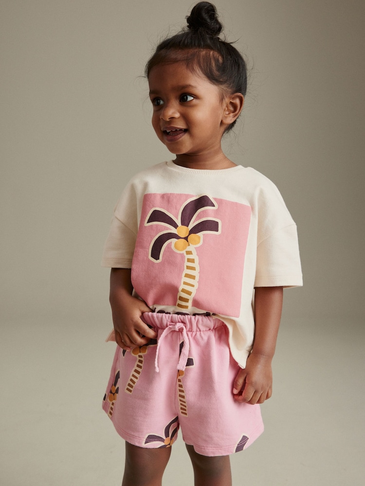 Pink Palm Tree 100% Cotton Short Sleeve T-Shirt and Shorts Set (3mths-7yrs) - Image 2 of 6