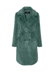 VERO MODA Green Longline Button Up Faux Fur Coat - Image 1 of 1