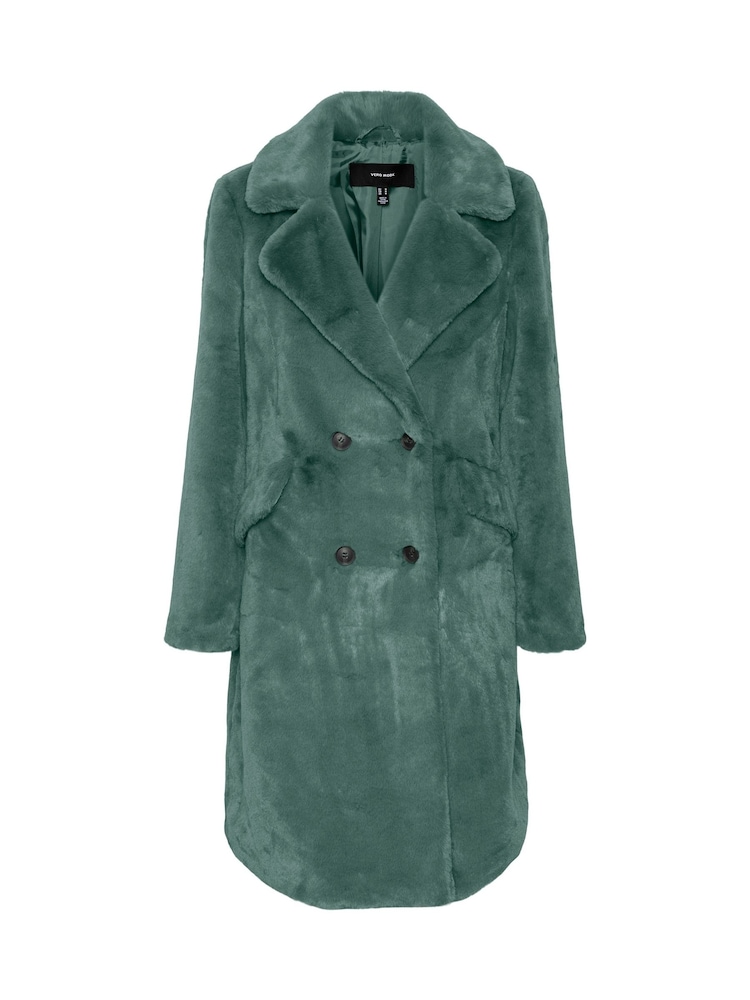 VERO MODA Green Longline Button Up Faux Fur Coat - Image 1 of 1