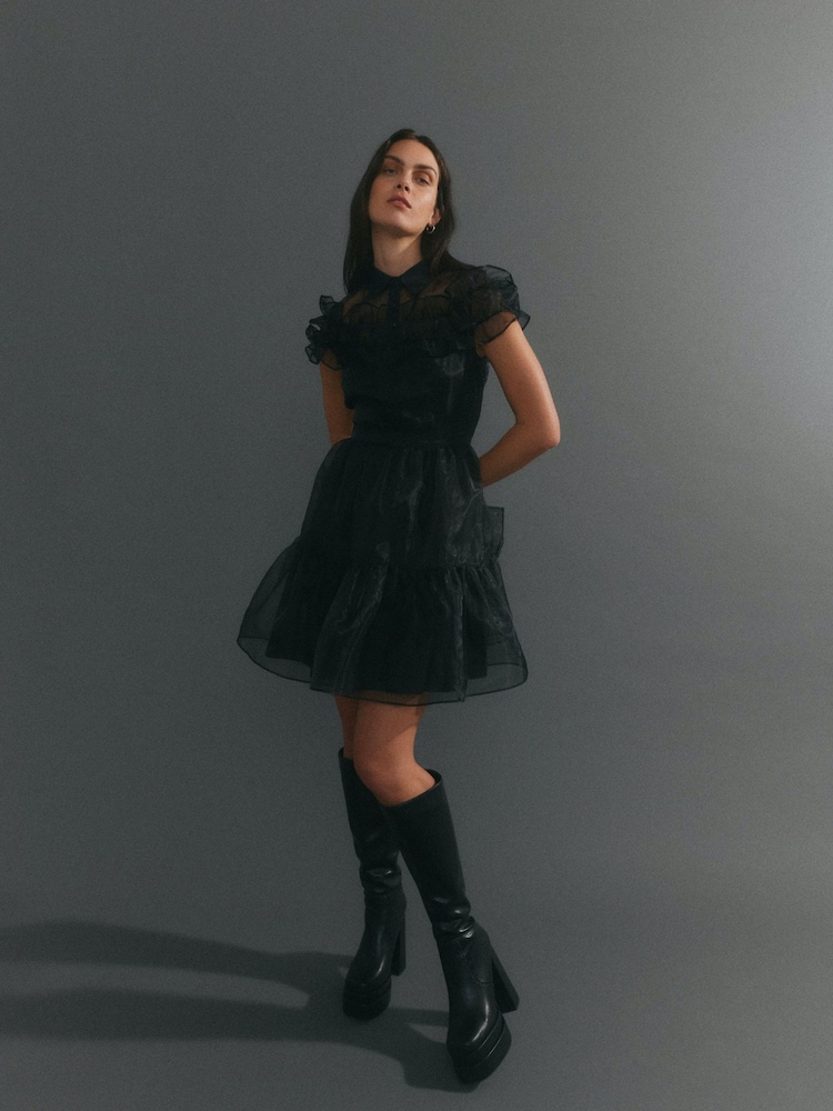 VERO MODA Black Mesh Ruffle Skater Party Dress - Image 1 of 7
