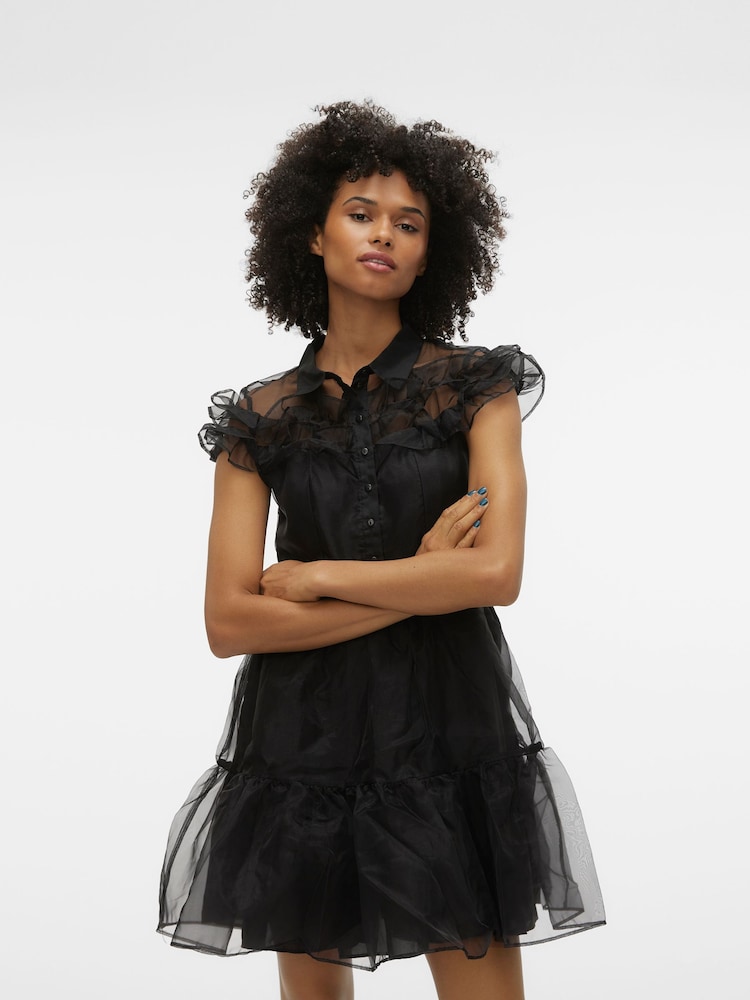 VERO MODA Black Mesh Ruffle Skater Party Dress - Image 2 of 7