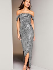 Lipsy Silver Sequin Bardot Split Drape Maxi Dress - Image 3 of 4