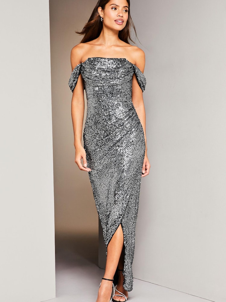 Lipsy Silver Sequin Bardot Split Drape Maxi Dress - Image 3 of 4