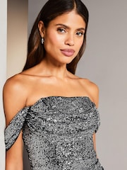 Lipsy Silver Sequin Bardot Split Drape Maxi Dress - Image 4 of 4