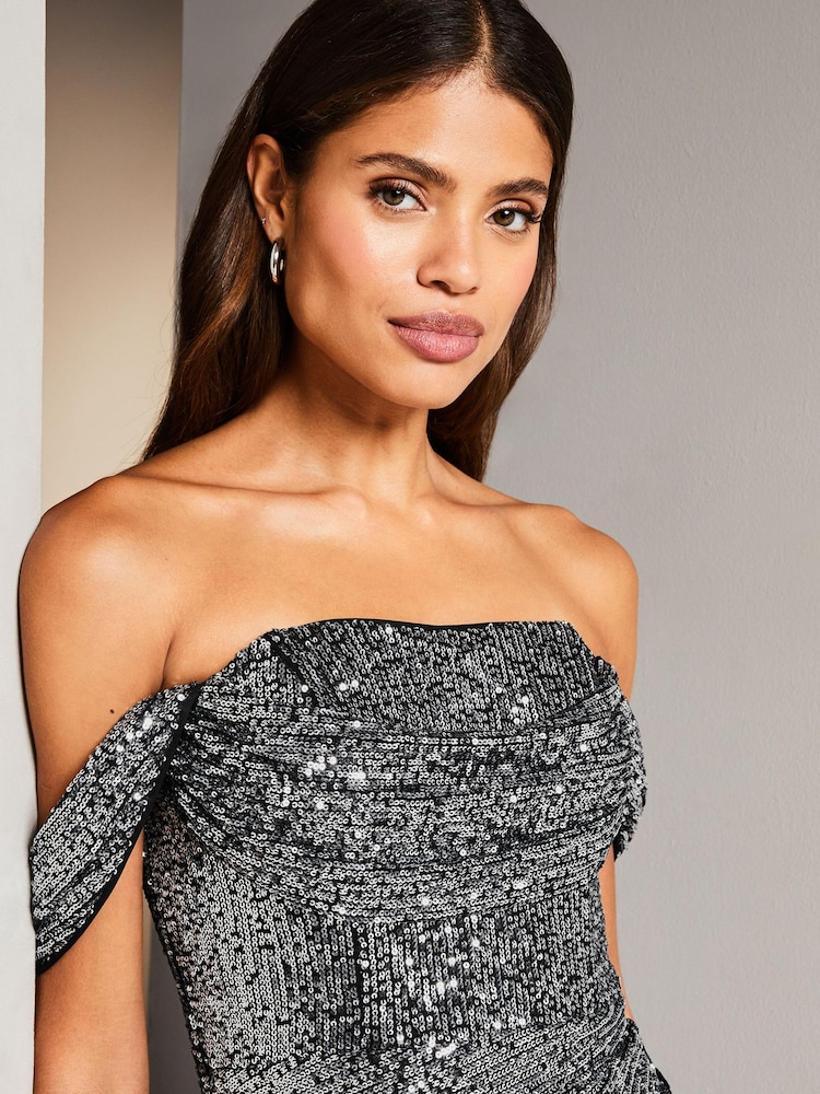 Lipsy Silver Sequin Bardot Split Drape Maxi Dress - Image 4 of 4