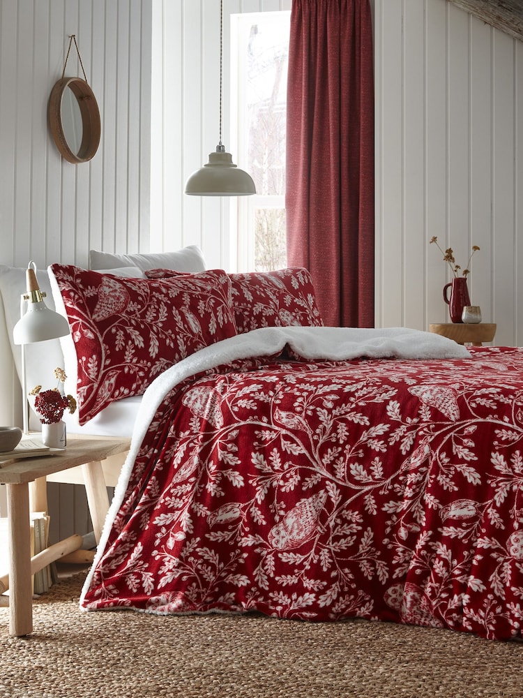 Dreams & Drapes Red Christmas Woodland Owls Plush Fleece Duvet Cover Set - Image 1 of 4