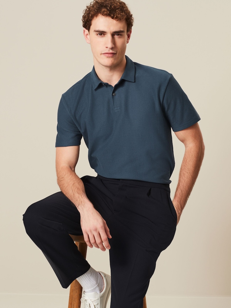 Navy Blue Textured Short Sleeve Polo Shirt - Image 1 of 7