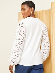 Love & Roses Ivory White Broderie Long Sleeve V Neck Jersey Top - Image 3 of 4