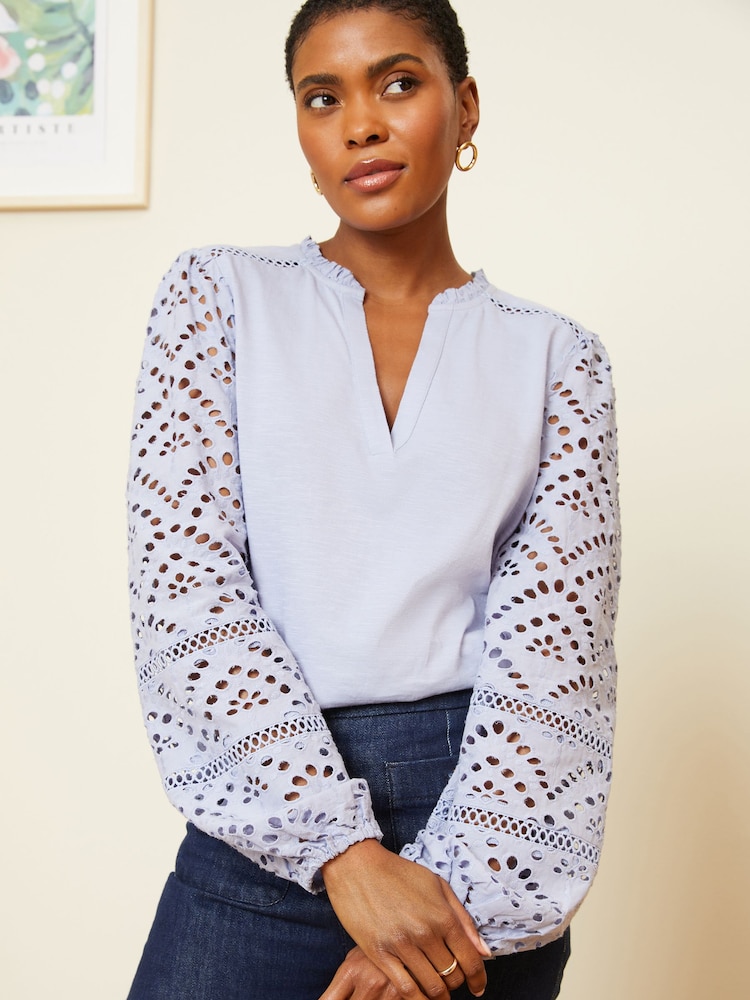Love & Roses Blue Broderie Long Sleeve V Neck Jersey Top - Image 1 of 4