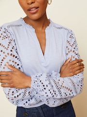 Love & Roses Blue Broderie Long Sleeve V Neck Jersey Top - Image 2 of 4
