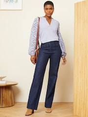 Love & Roses Blue Broderie Long Sleeve V Neck Jersey Top - Image 4 of 4