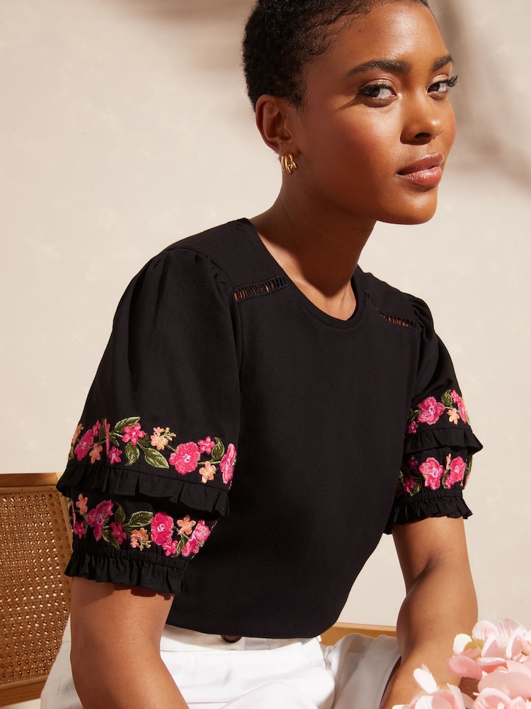 Love & Roses Black Embroidered Shortss Puff Sleeve Jersey T-Shirt - Image 1 of 4
