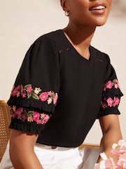 Love & Roses Black Embroidered Shortss Puff Sleeve Jersey T-Shirt - Image 2 of 4