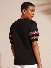 Love & Roses Black Embroidered Shortss Puff Sleeve Jersey T-Shirt - Image 3 of 4