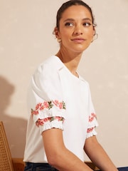 Love & Roses White Embroidered Shortss Puff Sleeve Jersey T-Shirt - Image 1 of 4