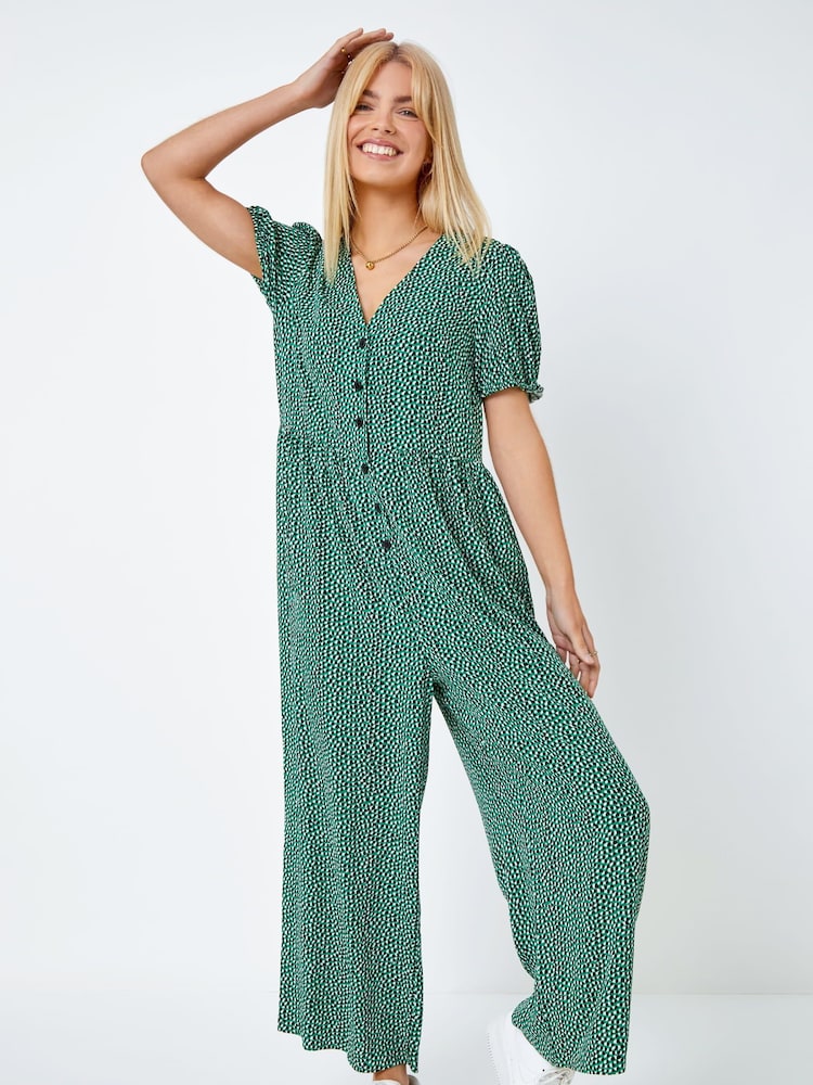 Dusk Green Polka Dot Print Culotte Jumpsuit - Image 1 of 5