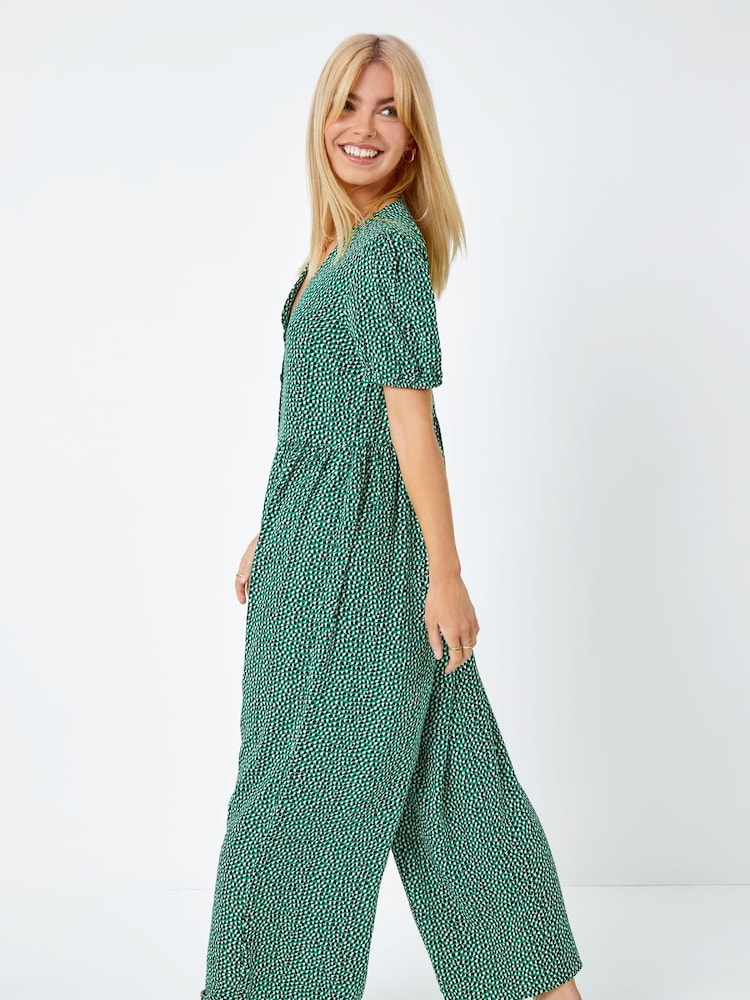 Dusk Green Polka Dot Print Culotte Jumpsuit - Image 2 of 5