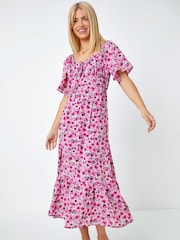 Dusk Pink Floral Print Sweetheart Midi Dress - Image 1 of 5