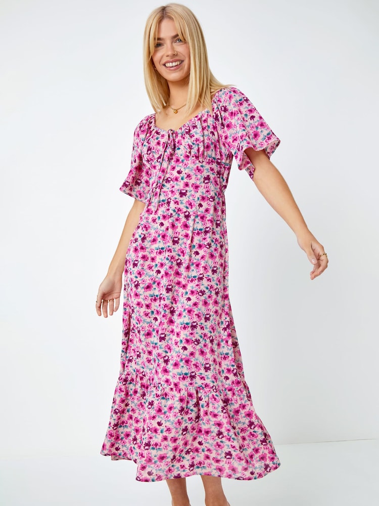 Dusk Pink Floral Print Sweetheart Midi Dress - Image 1 of 5