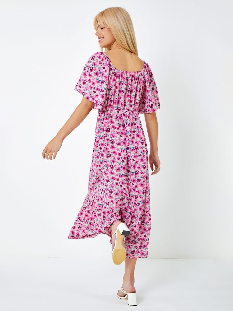 Dusk Pink Floral Print Sweetheart Midi Dress - Image 2 of 5