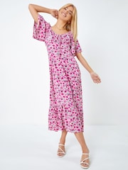 Dusk Pink Floral Print Sweetheart Midi Dress - Image 3 of 5