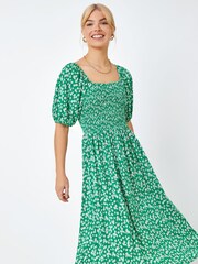 Dusk Green Ditsy Floral Print Shirred Milkmaid Dress - Image 1 of 5