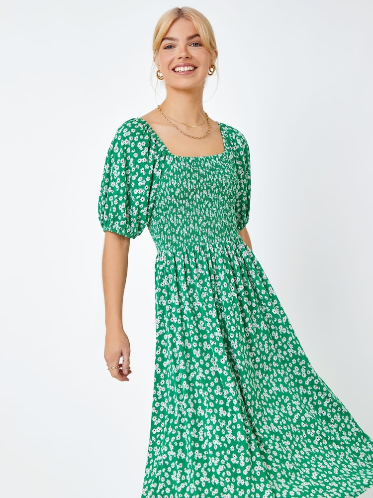Dusk Green Ditsy Floral Print Shirred Milkmaid Dress - Image 1 of 5