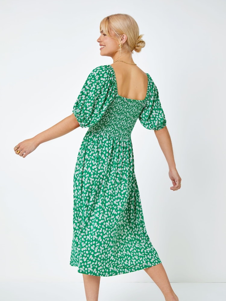 Dusk Green Ditsy Floral Print Shirred Milkmaid Dress - Image 2 of 5