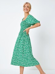 Dusk Green Ditsy Floral Print Shirred Milkmaid Dress - Image 3 of 5