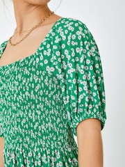 Dusk Green Ditsy Floral Print Shirred Milkmaid Dress - Image 5 of 5