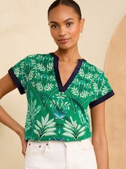 Love & Roses Green Print Jersey V Neck Woven Trim Short Sleeve T-Shirt - Image 1 of 4