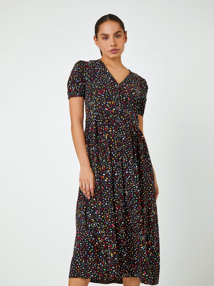 Dusk Black Ditsy Spot Print Button Down Dress - Image 1 of 5