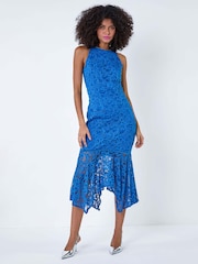 Dusk Blue Sleeveless Stretch Lace Midi Dress - Image 1 of 5