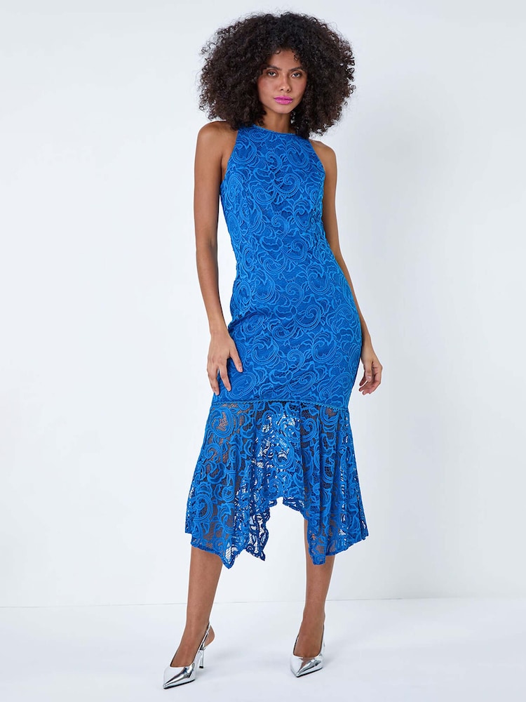 Dusk Blue Sleeveless Stretch Lace Midi Dress - Image 1 of 5