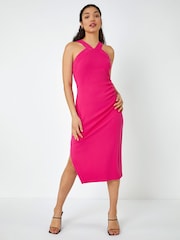 Dusk Pink Ruched Halter Neck Midi Stretch Dress - Image 2 of 5