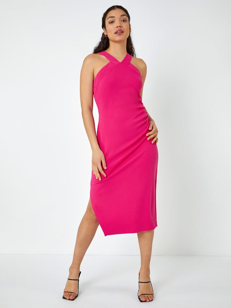 Dusk Pink Ruched Halter Neck Midi Stretch Dress - Image 2 of 5