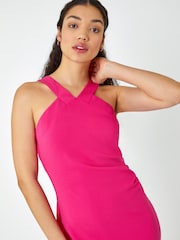 Dusk Pink Ruched Halter Neck Midi Stretch Dress - Image 4 of 5